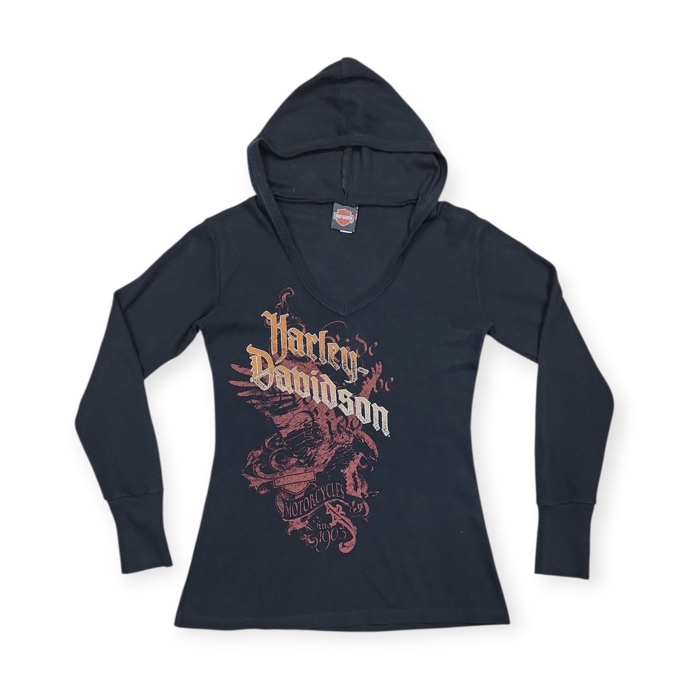 Harley Davidson Indy West Plainfield, IN Long Sleeve Hooded Black Shirt Womens M
